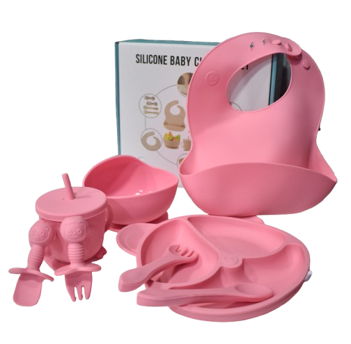 Kit Bebés Premium — plato con ventosa, vaso entrenador con pitillo, cubiertos y chupete en silicona rosa